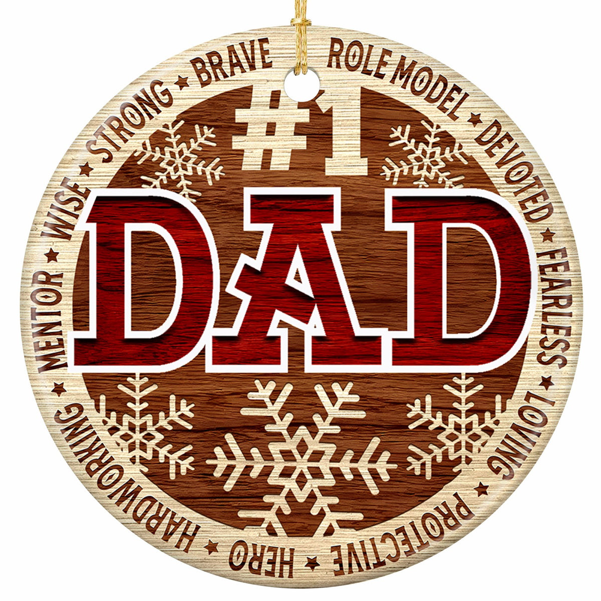 A Bold Number One Above DAD in Deep Red on Carved Woodgrain, Ringed by Eleven Virtue Words. Ceramic Keepsake.