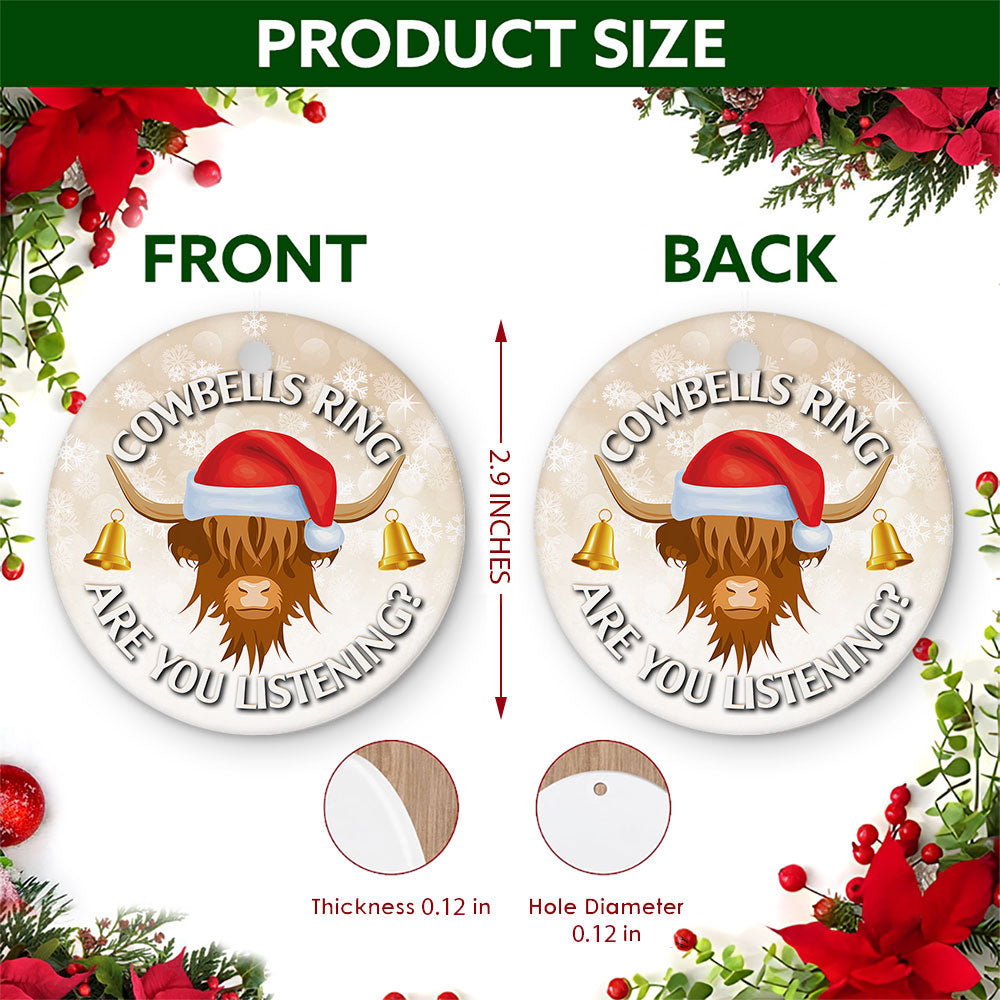 Highland Cow Christmas Ornament, Funny Cowbells Farmhouse Gift, Ceramic Hanging Tree Decoration