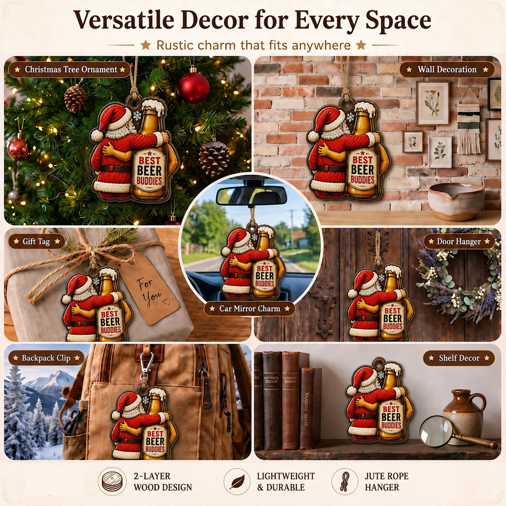 Santa Beer Buddies Wood Christmas Ornament