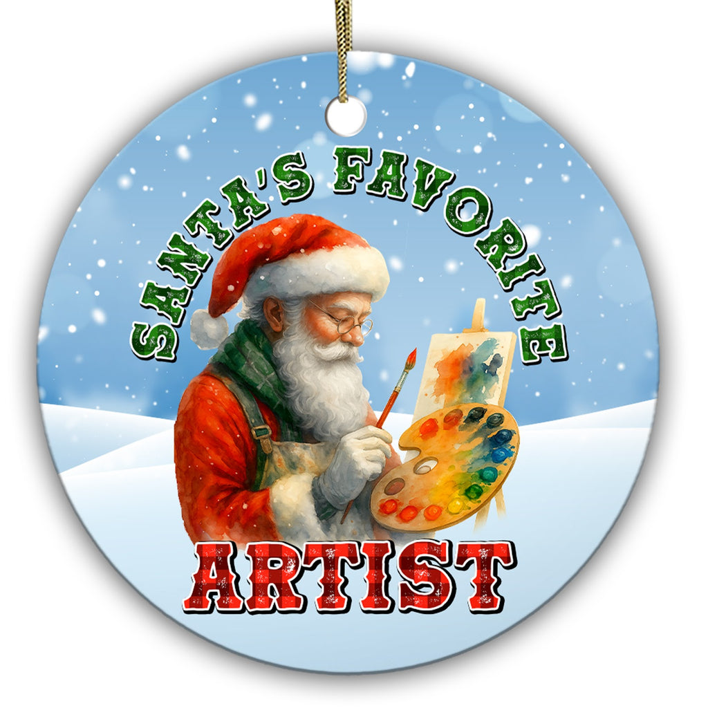 Santa at an Easel Holding a Loaded Paint Palette and Brush. Ceramic Keepsake for Painters and Art Students.