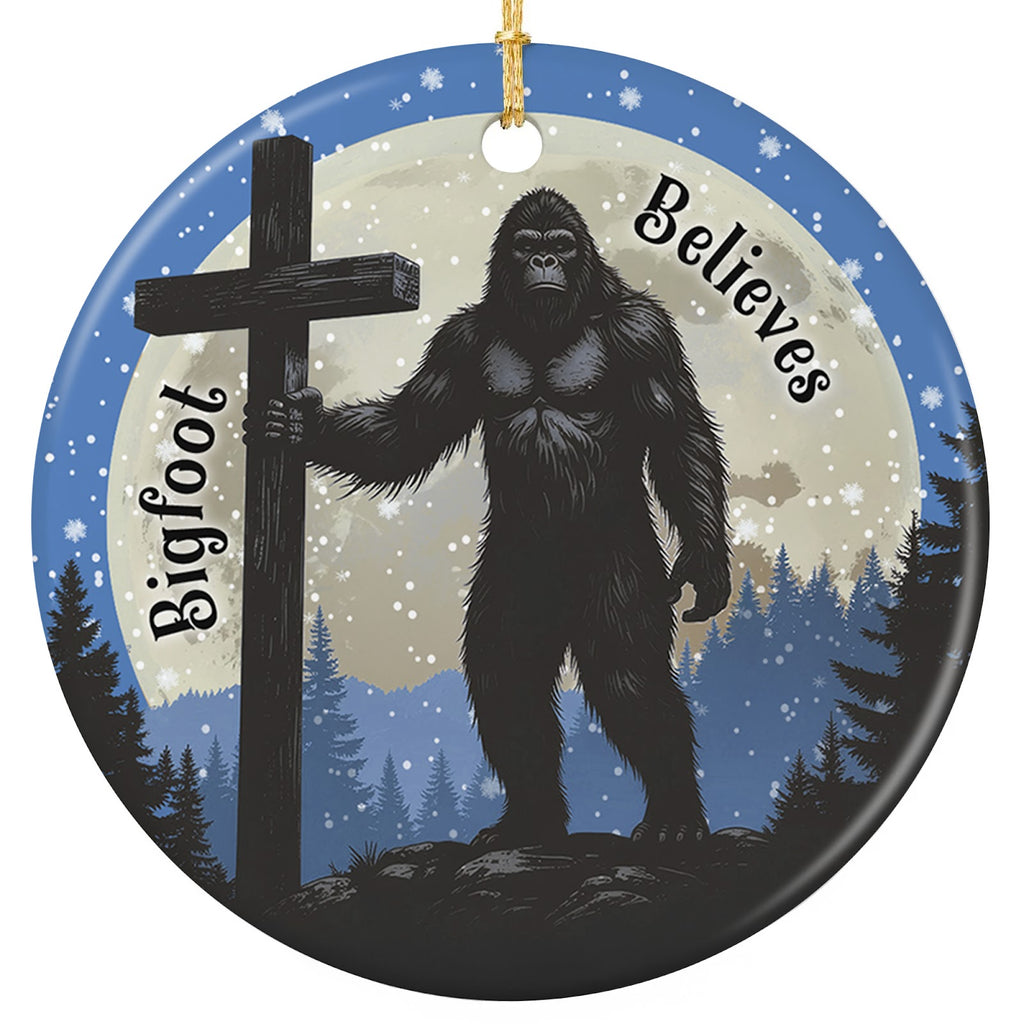 Tall Furry Bigfoot Standing Beside a Wooden Cross Before a Glowing Full Moon. Ceramic Keepsake.