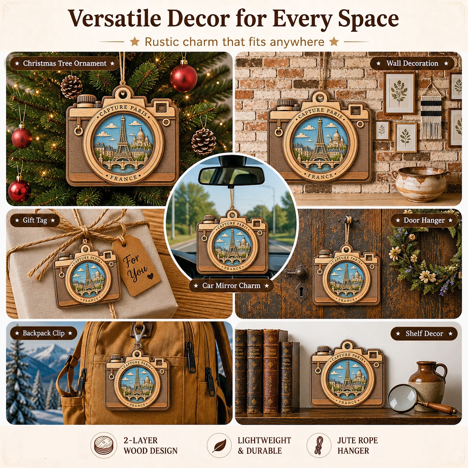 Paris Camera Christmas Ornament, Eiffel Tower Photographer Travel Gift, Wood Tree Decoration