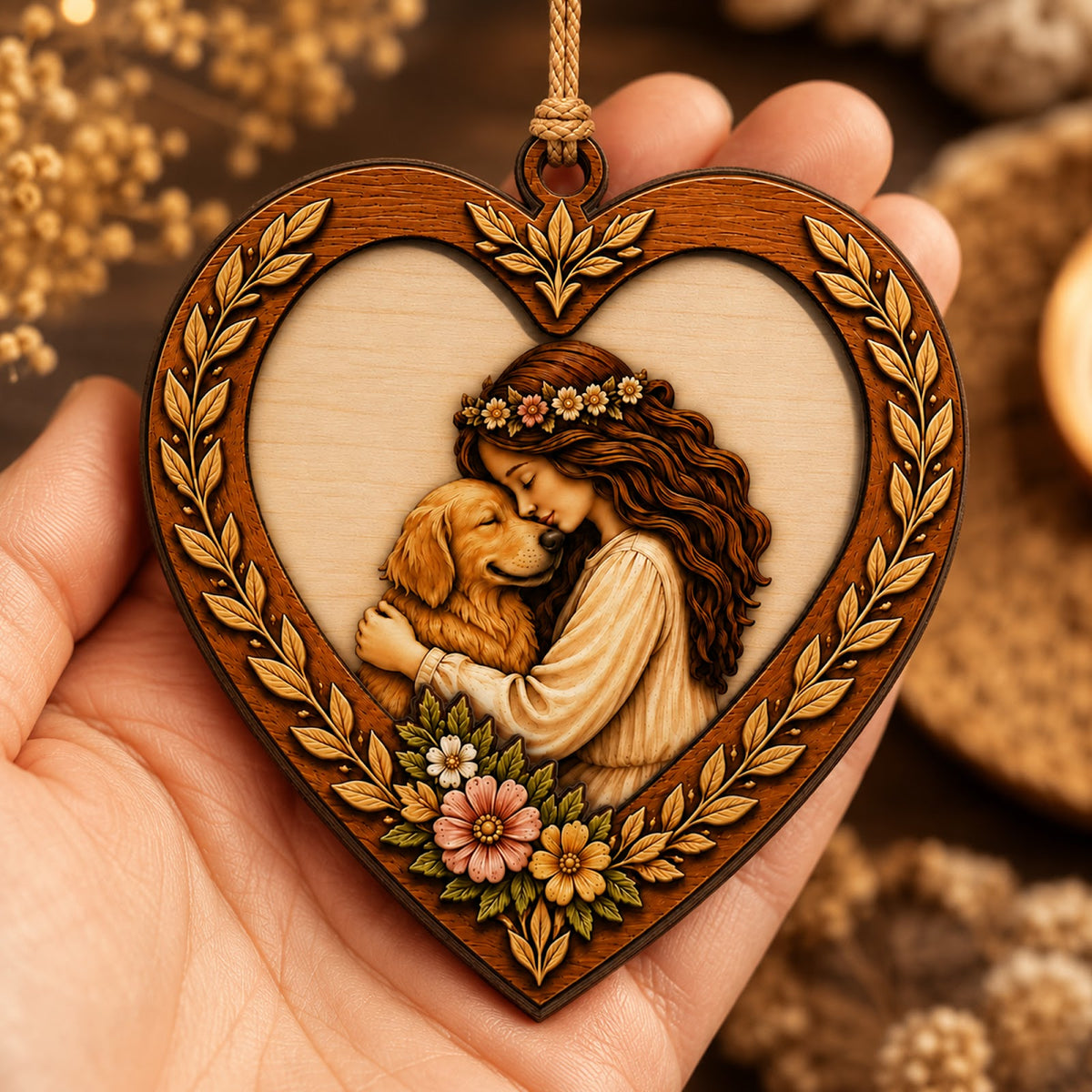 Girl Love Dog Christmas Ornament, Gift For Dog Girl, Wood Hanging Tree Decoration