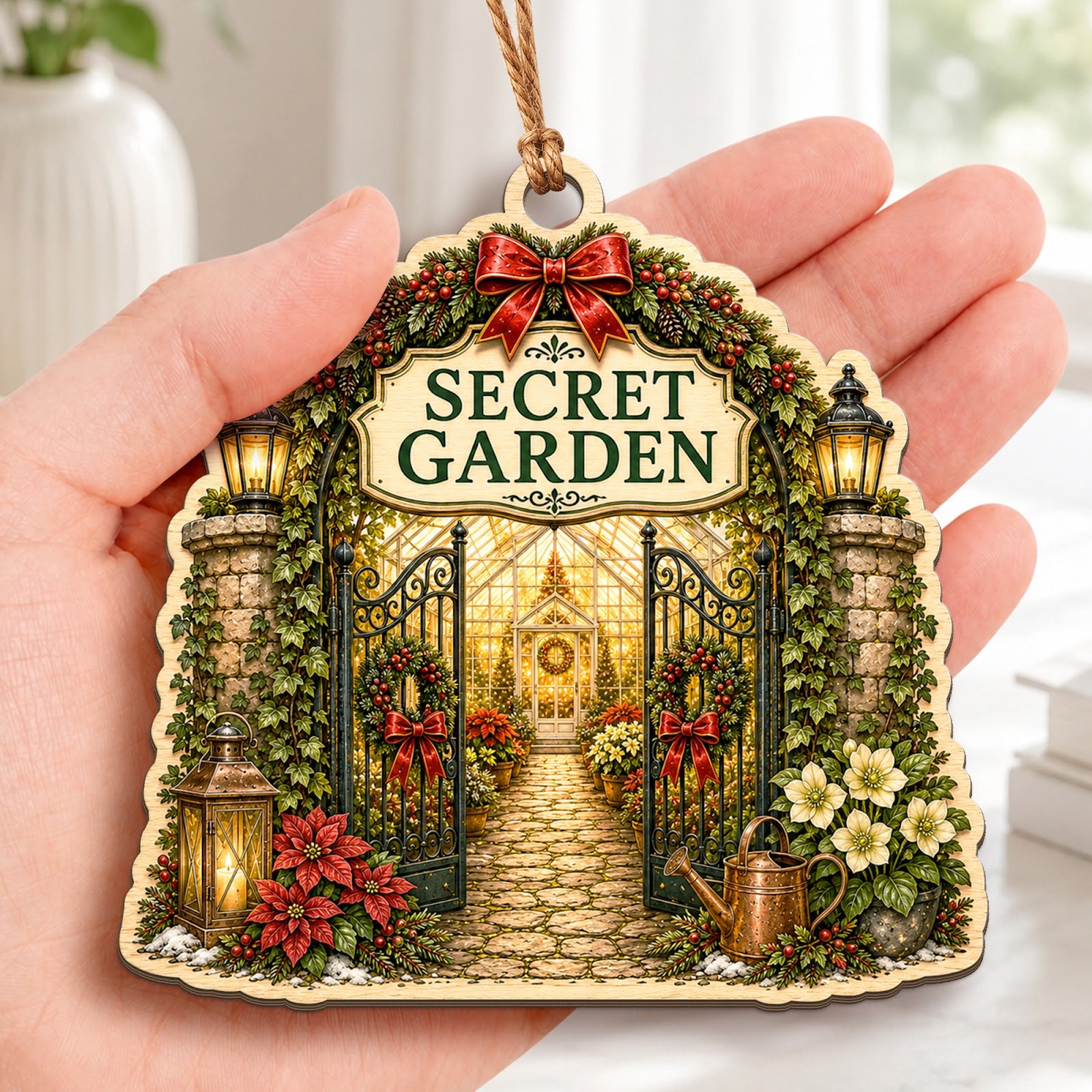 Secret Garden Floral Botanical Christmas Ornament, Stocking Stuffer For Gardener, Wood Ornament