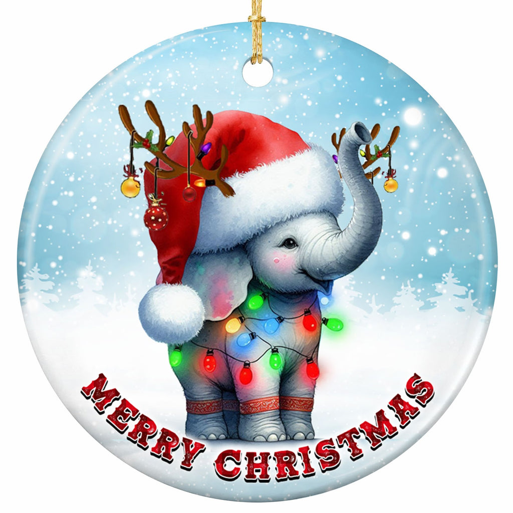 A Baby Elephant With Its Trunk Curled Up in a Santa Hat and Baubled Antlers. Ceramic Keepsake for Animal Lovers.