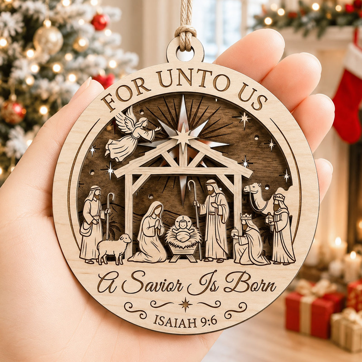 Savior Christmas Ornament, Religious Christian Gift, Wood Hanging Tree Decoration