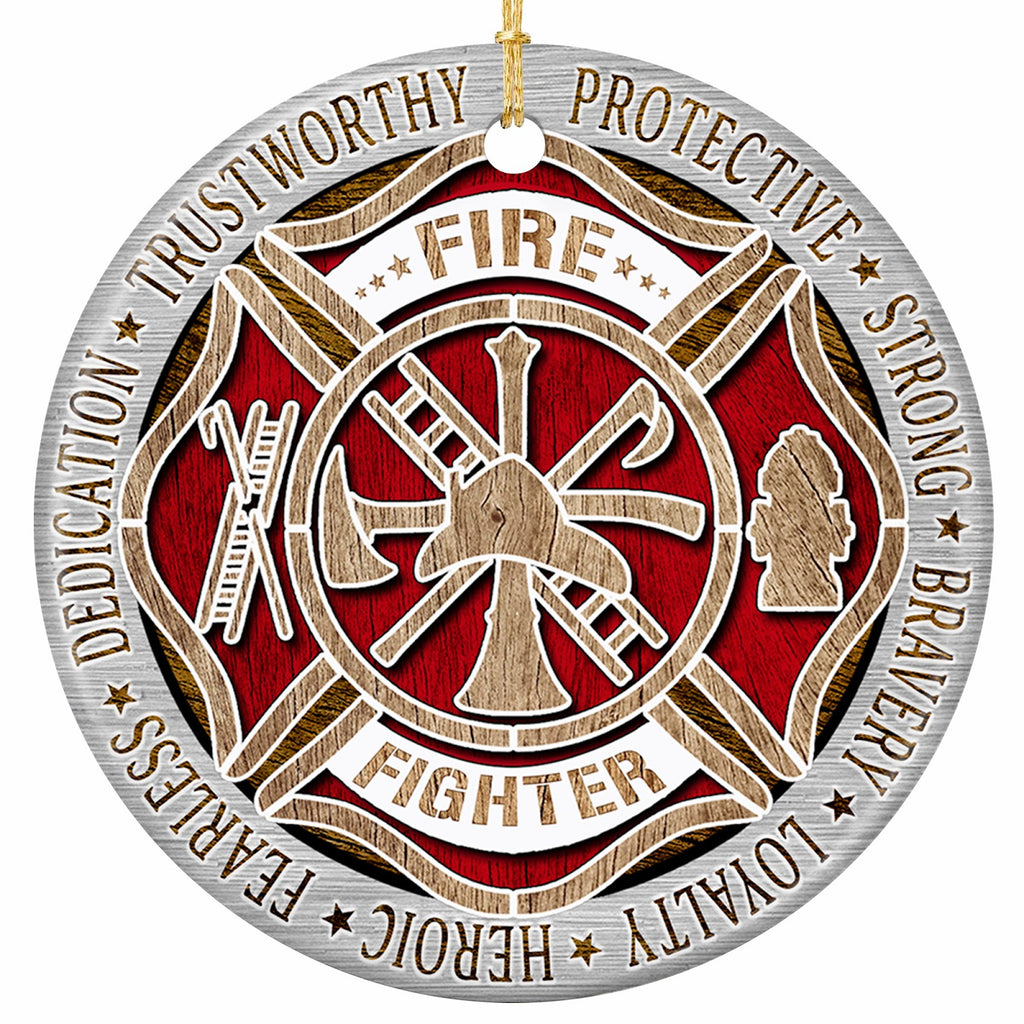 Red Maltese Cross With Crossed Axe, Ladder and Hydrant, Ringed by Eight Virtue Words. Ceramic Keepsake.