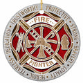 Red Maltese Cross With Crossed Axe, Ladder and Hydrant, Ringed by Eight Virtue Words. Ceramic Keepsake.