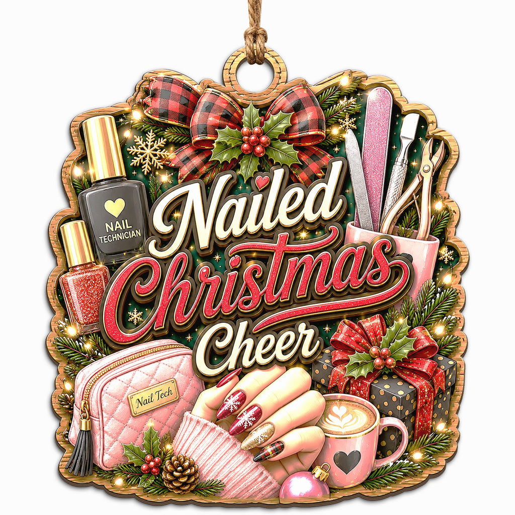 Shows Nail Polish, Manicure Tools, and Snowflake Nail Art with Nailed Christmas Cheer Text. Gift for Nail Technicians.