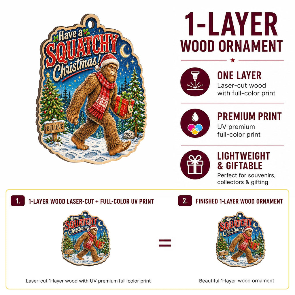 Bigfoot Squatchy Sasquatch Christmas Ornament, Stocking Stuffer For Bigfoot Fan, Wood Ornament