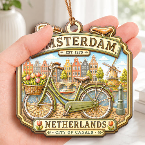 Amsterdam Christmas Ornament, Netherlands Canal and Bicycle Souvenir Gift, Wood Tree Decoration