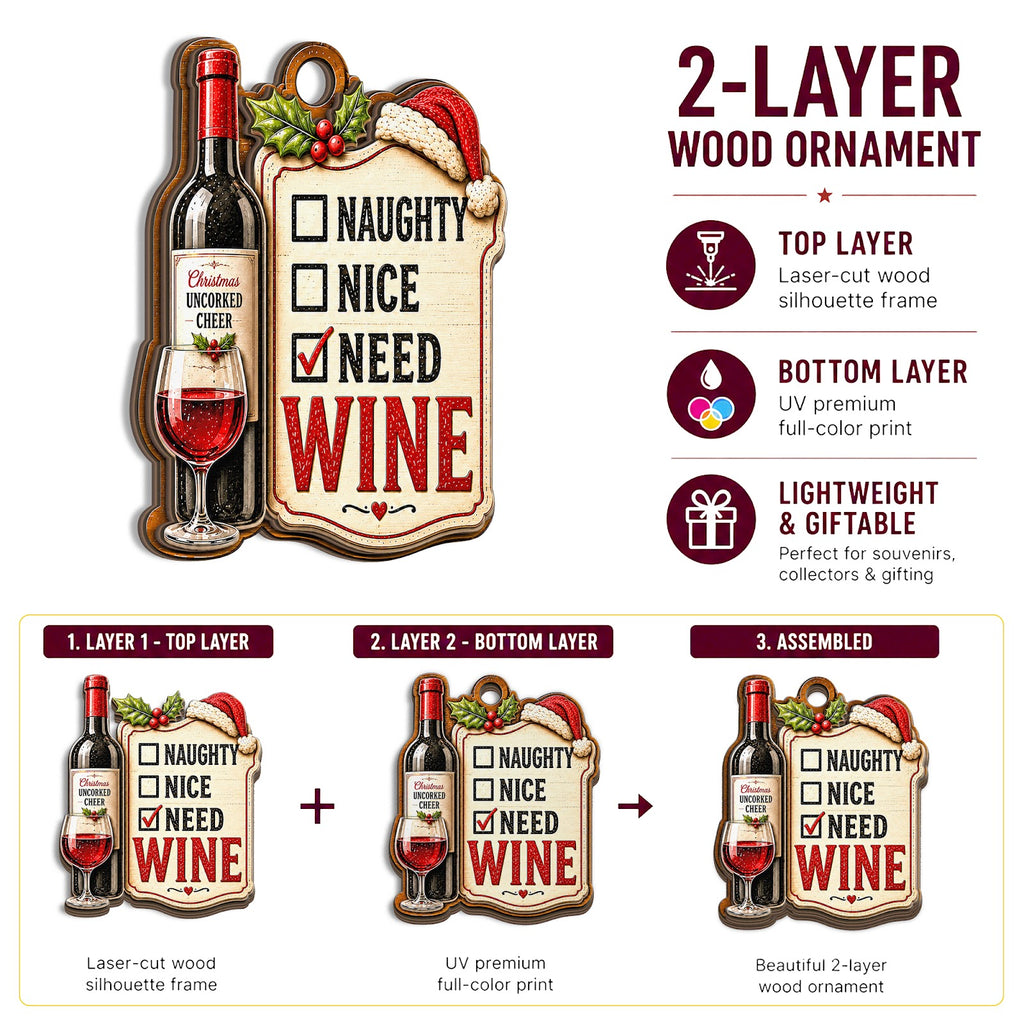 Wine Bottle Wood Christmas Ornament