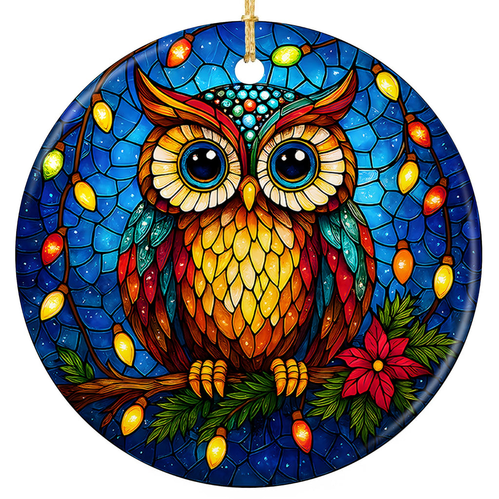 Wide Eyed Owl on a Pine Branch Strung With Glowing Colored Lights. Ceramic Keepsake for Owl Lovers.