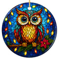 Wide Eyed Owl on a Pine Branch Strung With Glowing Colored Lights. Ceramic Keepsake for Owl Lovers.