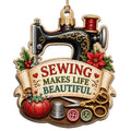 Shows a Vintage Sewing Machine with Thread and Buttons and Sewing Makes Life Beautiful Text. Gift for Sewists.
