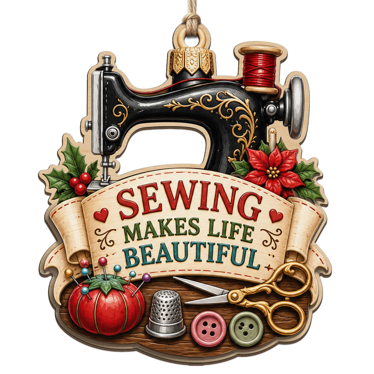 Shows a Vintage Sewing Machine with Thread and Buttons and Sewing Makes Life Beautiful Text. Gift for Sewists.