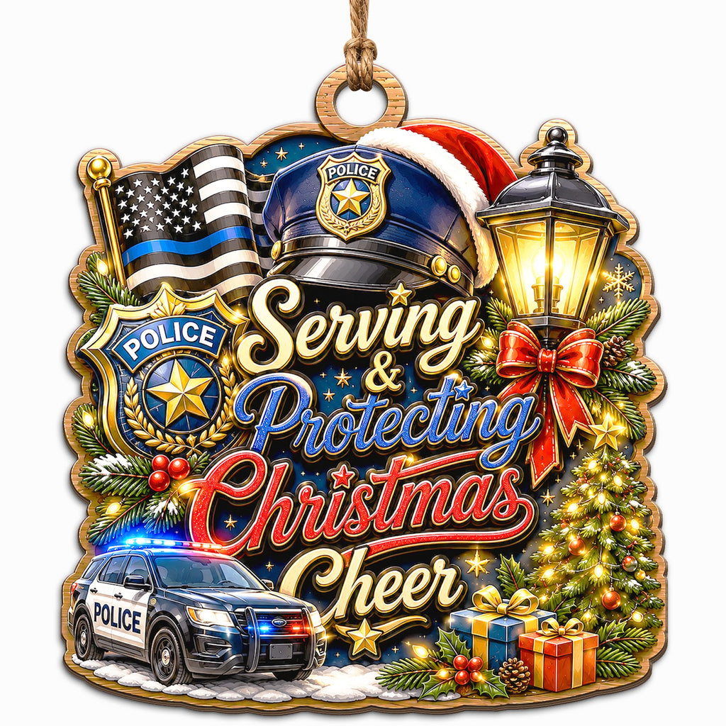 Shows a Police Badge, Cruiser, and Cap with a Holiday Scene. Thoughtful Gift for Police Officers and Their Families.