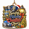 Shows a Police Badge, Cruiser, and Cap with a Holiday Scene. Thoughtful Gift for Police Officers and Their Families.