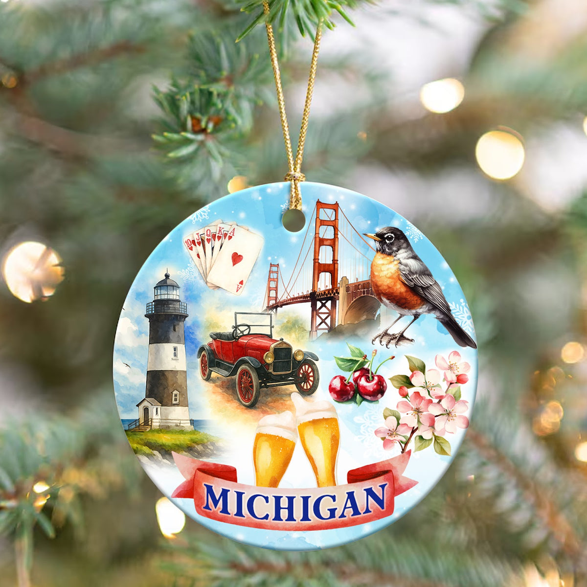 Michigan Christmas Ornament, State Souvenir Keepsake, Ceramic Hanging Tree Decoration