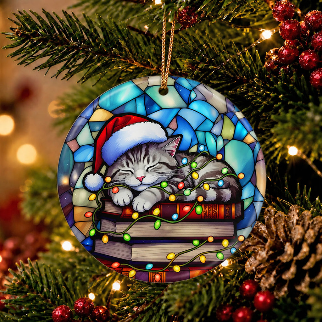 Cat Christmas Ornament, Sleepy Tabby Book Stack Reader Gift, Ceramic Hanging Tree Decoration