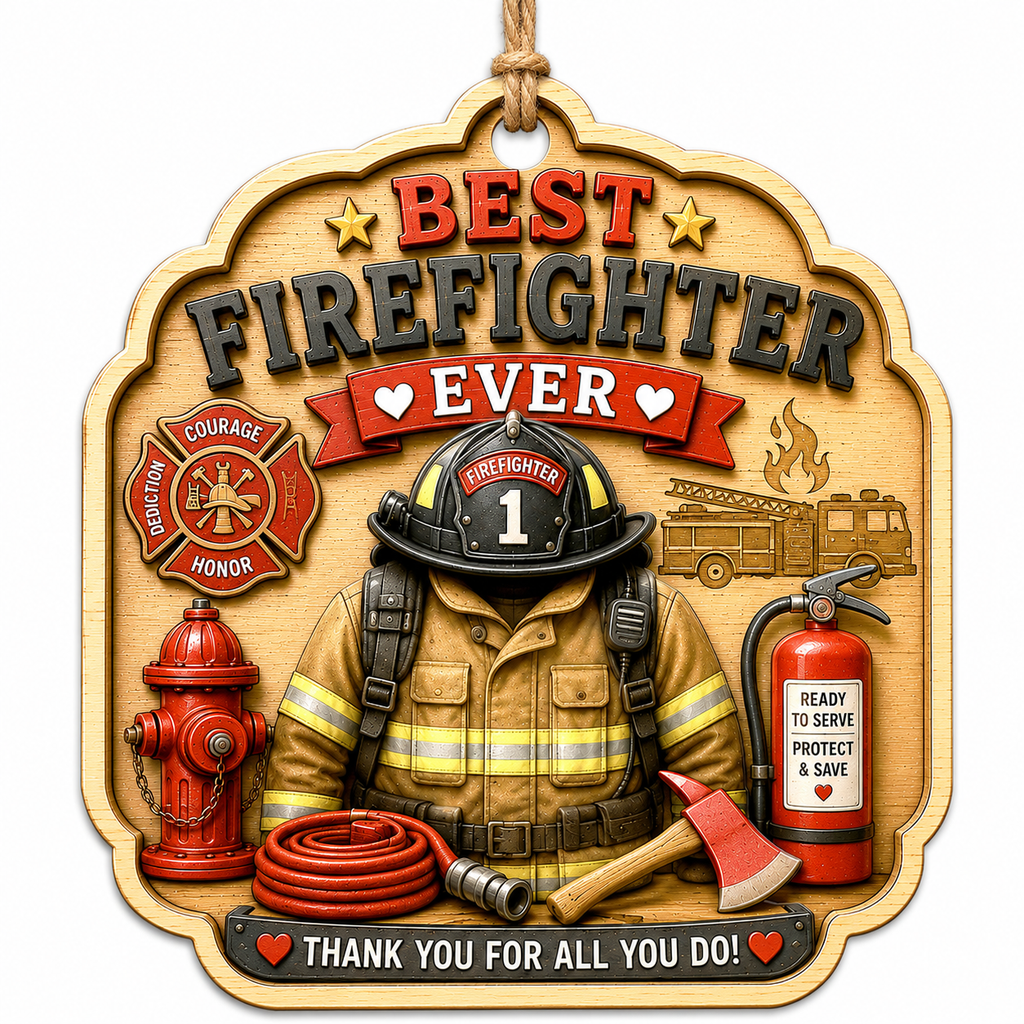 Shield Plaque Reads Best Firefighter Ever With A Helmet, Hose, And Axe. Heartfelt Gift For First Responders.