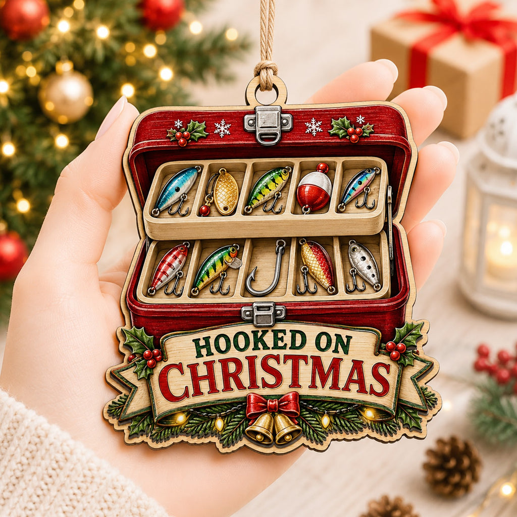 Box With Bobbers Fishing Tackle Christmas Ornament, Tackle Box Keepsake, Wood Tree Decoration