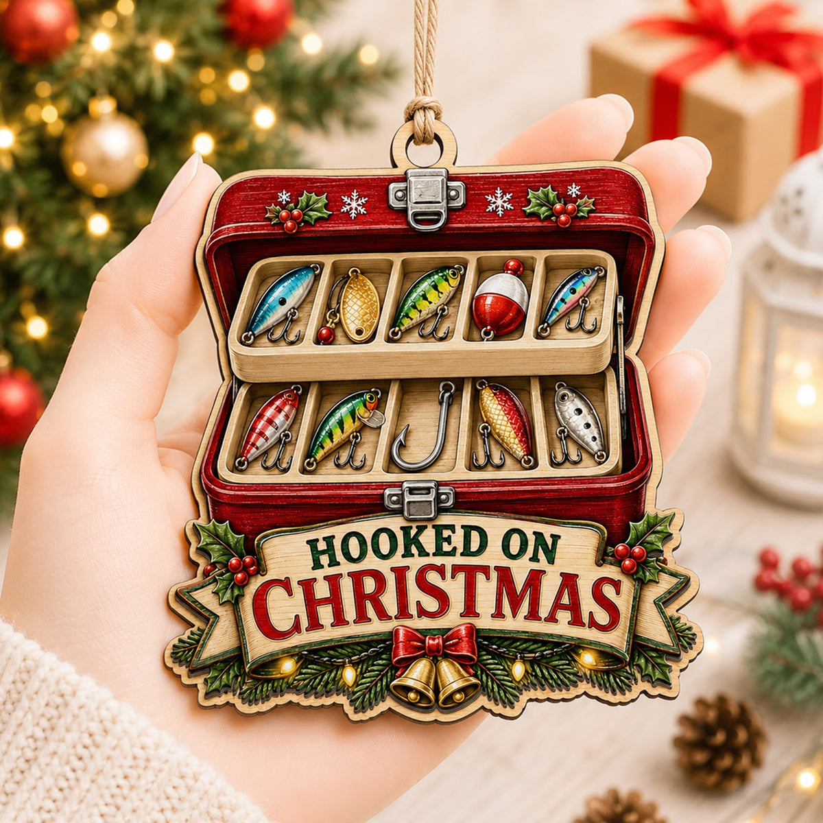 Box With Bobbers Fishing Tackle Christmas Ornament, Tackle Box Keepsake, Wood Tree Decoration
