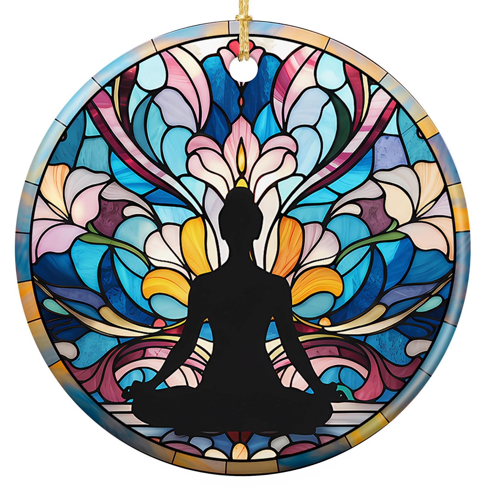 Seated Lotus Silhouette on a Blooming Glass Mandala. Ceramic Keepsake for Yoga Teachers and Meditation Practice.