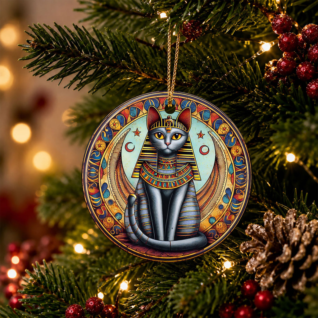 Egyptian Cat Christmas Ornament, Winged Bastet Mythology Gift, Ceramic Hanging Tree Decoration