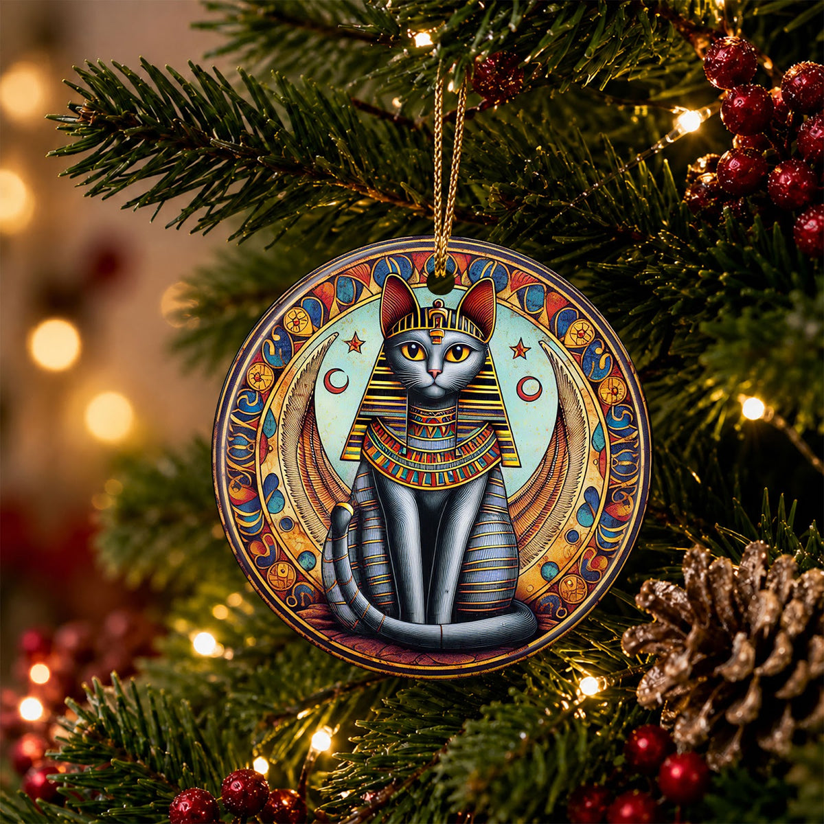 Egyptian Cat Christmas Ornament, Winged Bastet Mythology Gift, Ceramic Hanging Tree Decoration