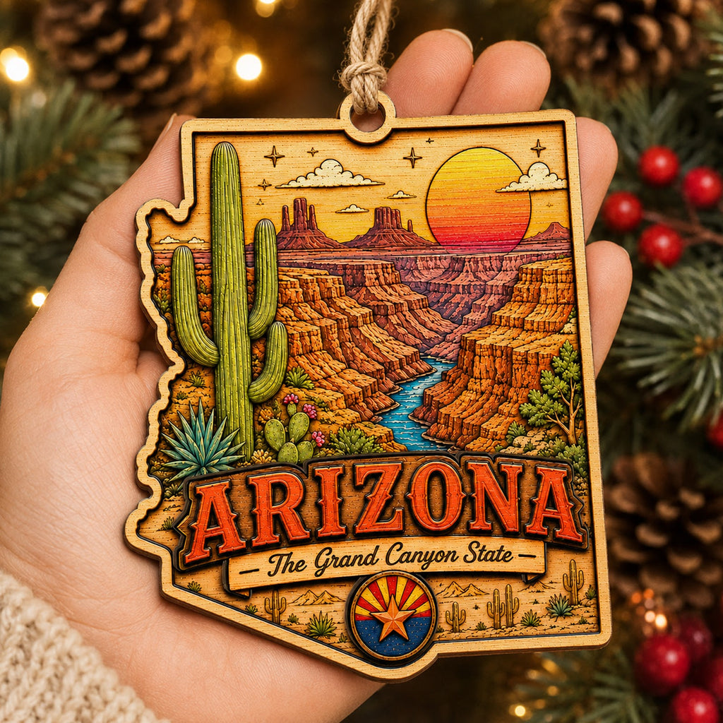 Arizona Christmas Ornament, Saguaro Cactus and Desert Souvenir Gift, Wood Tree Decoration