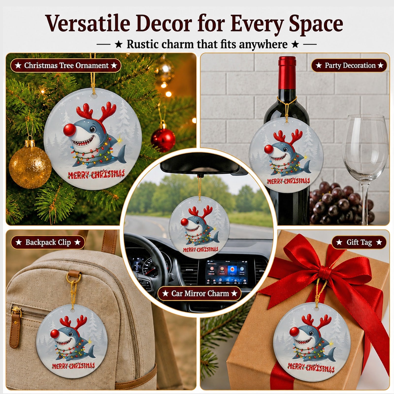 Shark Christmas Ornament, Funny Festive Antlers Kids Gift, Ceramic Hanging Tree Decoration