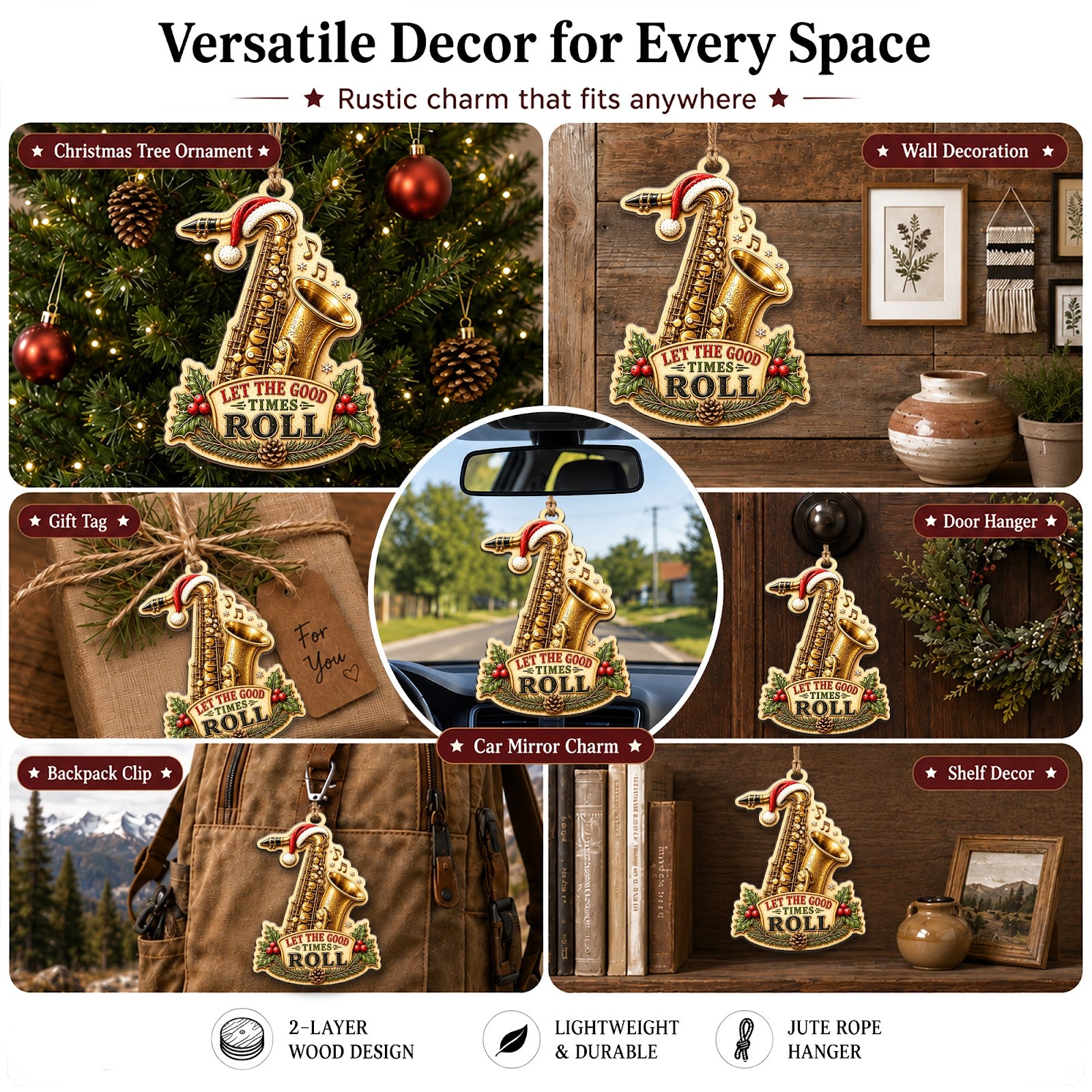 Saxophone Christmas Ornament, Stocking Stuffer For Sax Player, Wood Hanging Tree Decoration