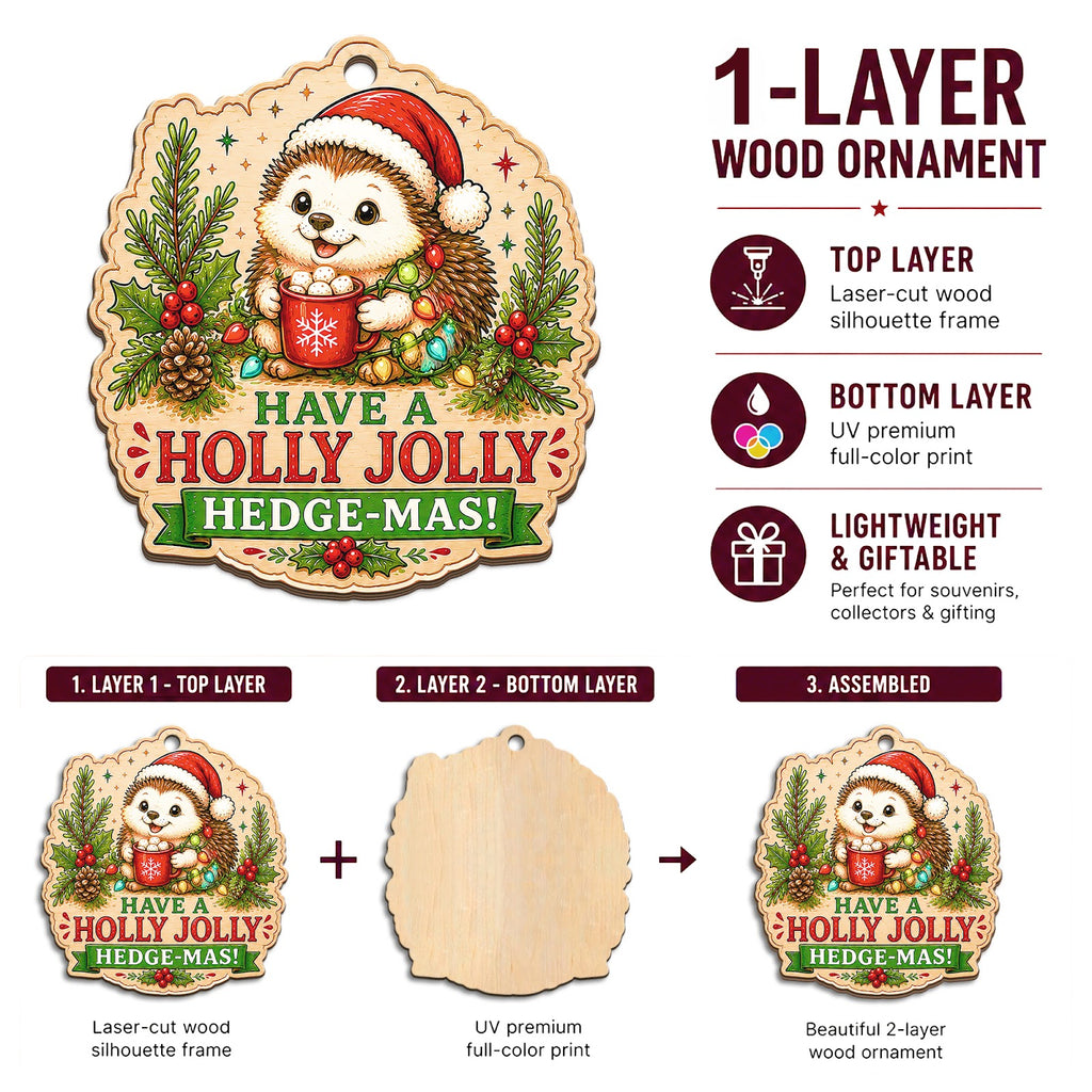 Hedgehog Christmas Ornament, Stocking Stuffer For Hedgehog Lover, Wood Hanging Tree Decoration