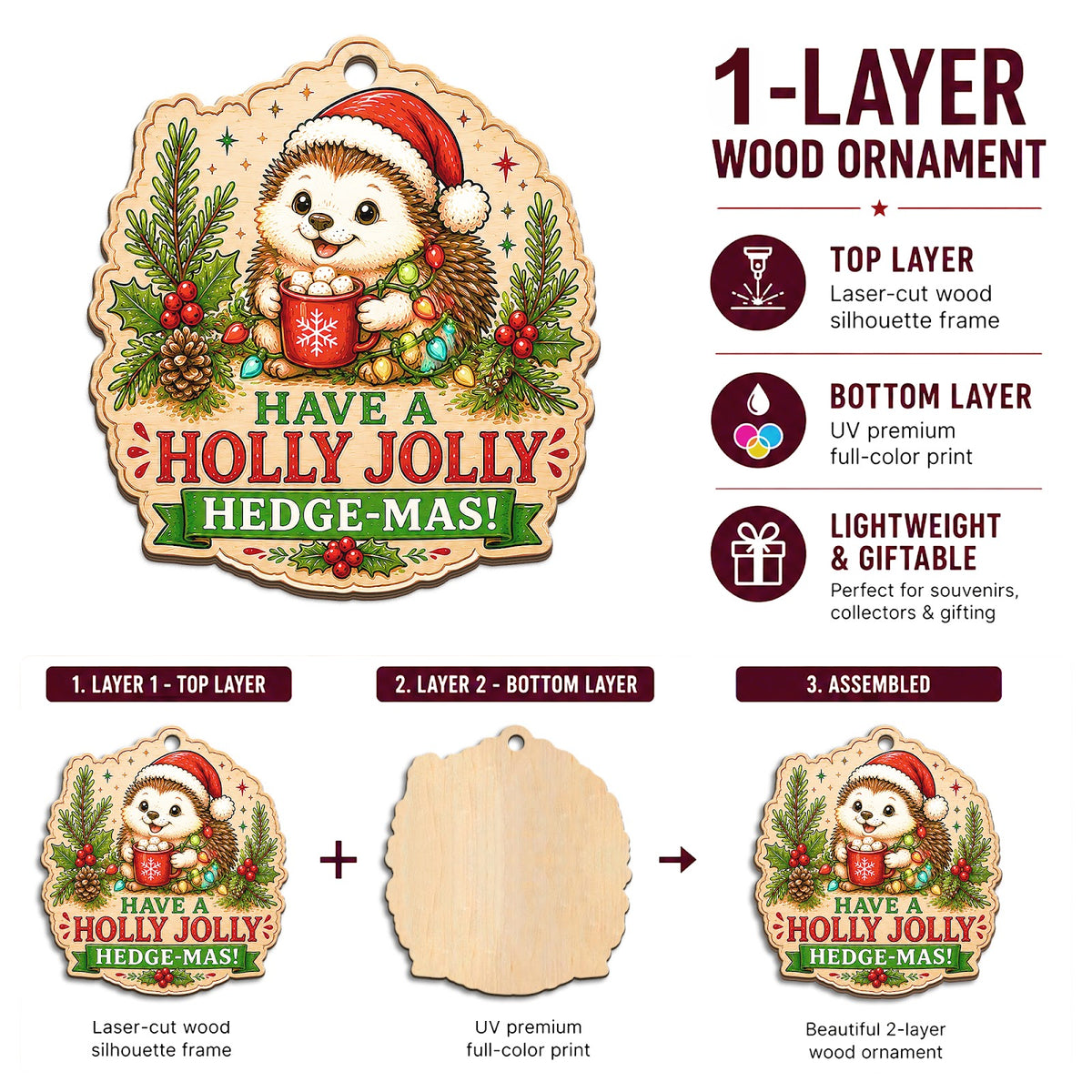 Hedgehog Christmas Ornament, Stocking Stuffer For Hedgehog Lover, Wood Hanging Tree Decoration