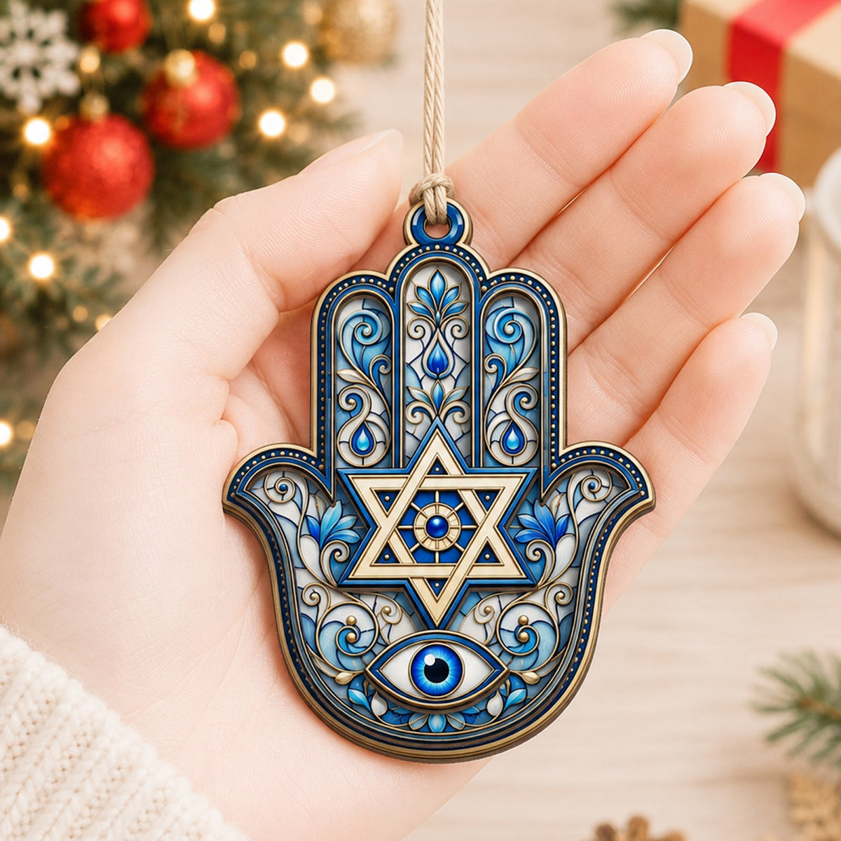 Judaica Protection Hamsa Jewish Christmas Ornament, Hamsa Protection Keepsake, Wood Ornament