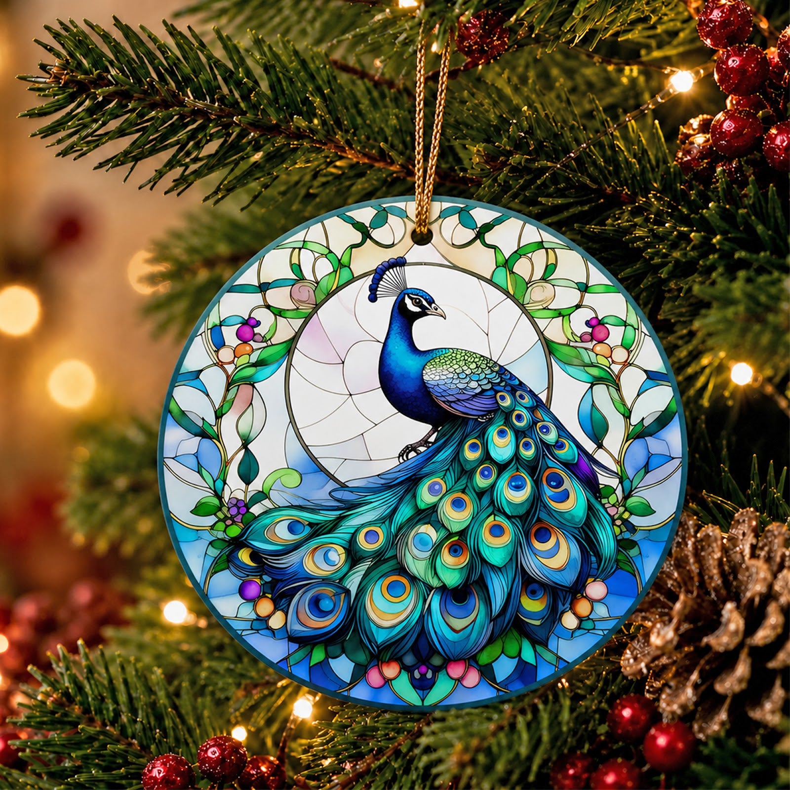 Peacock Christmas Ornament, Stained Glass Bird Lover Gift, Ceramic Hanging Tree Decoration