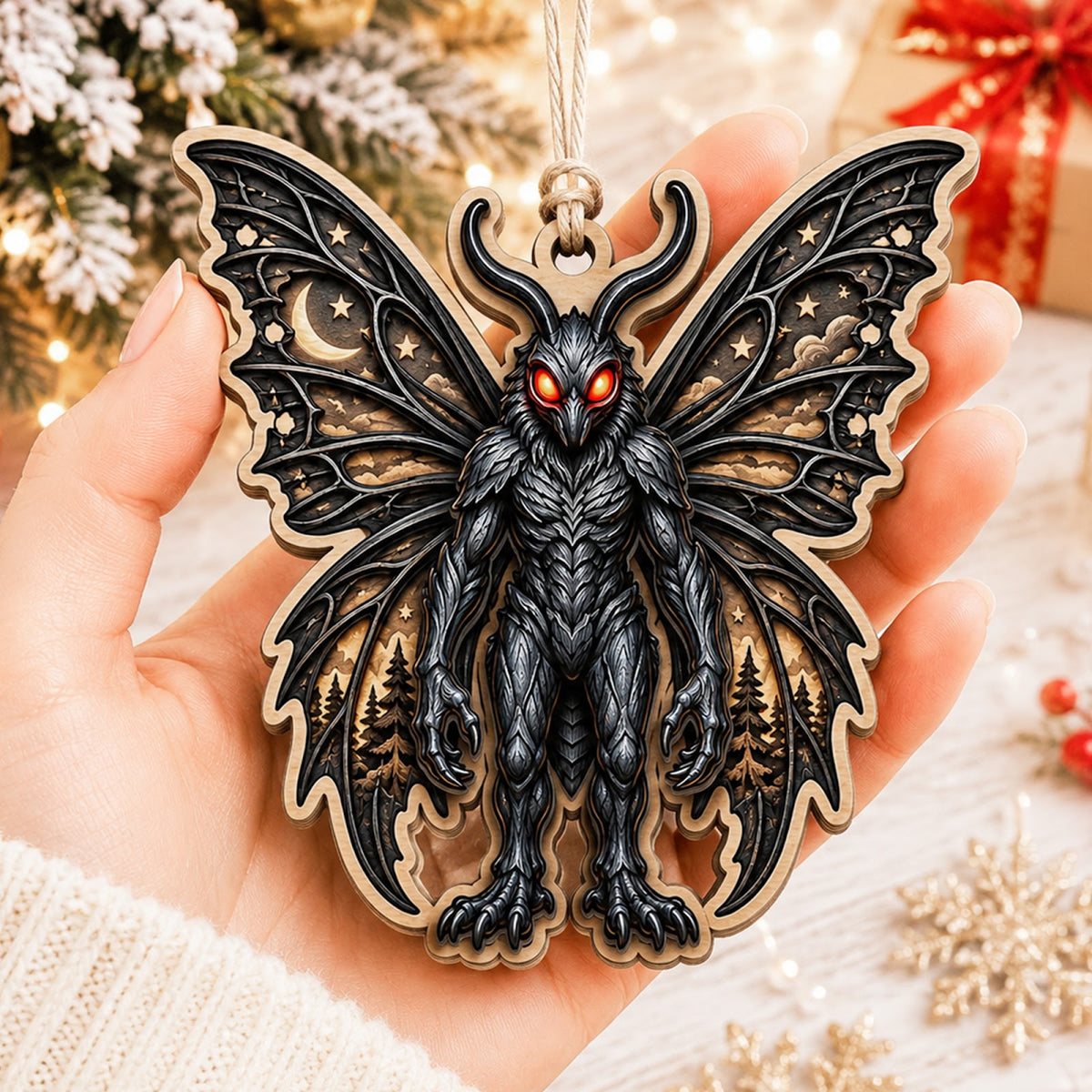Mothman Christmas Ornament, Stocking Stuffer For Folklore Fan, Wood Hanging Tree Decoration
