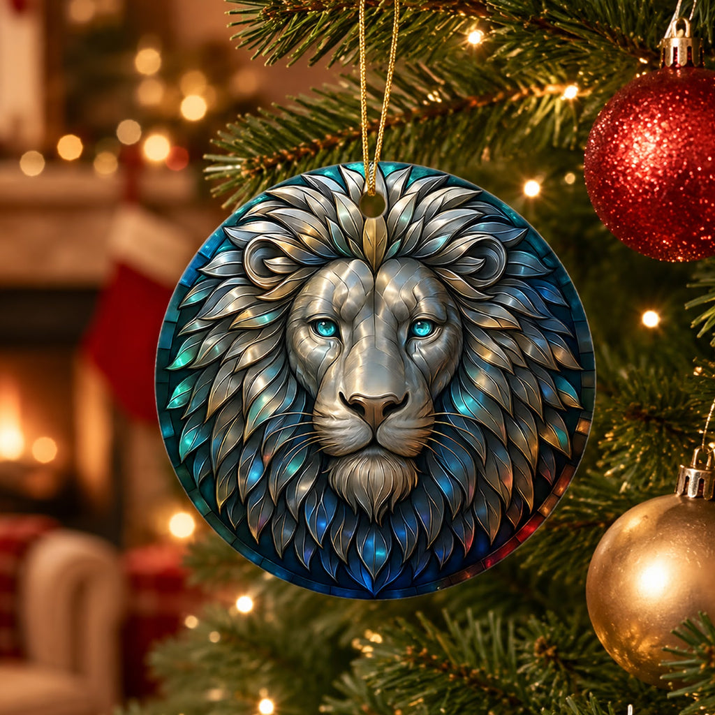 Lion Christmas Ornament, Stained Glass Wildlife Safari Gift, Ceramic Hanging Tree Decoration