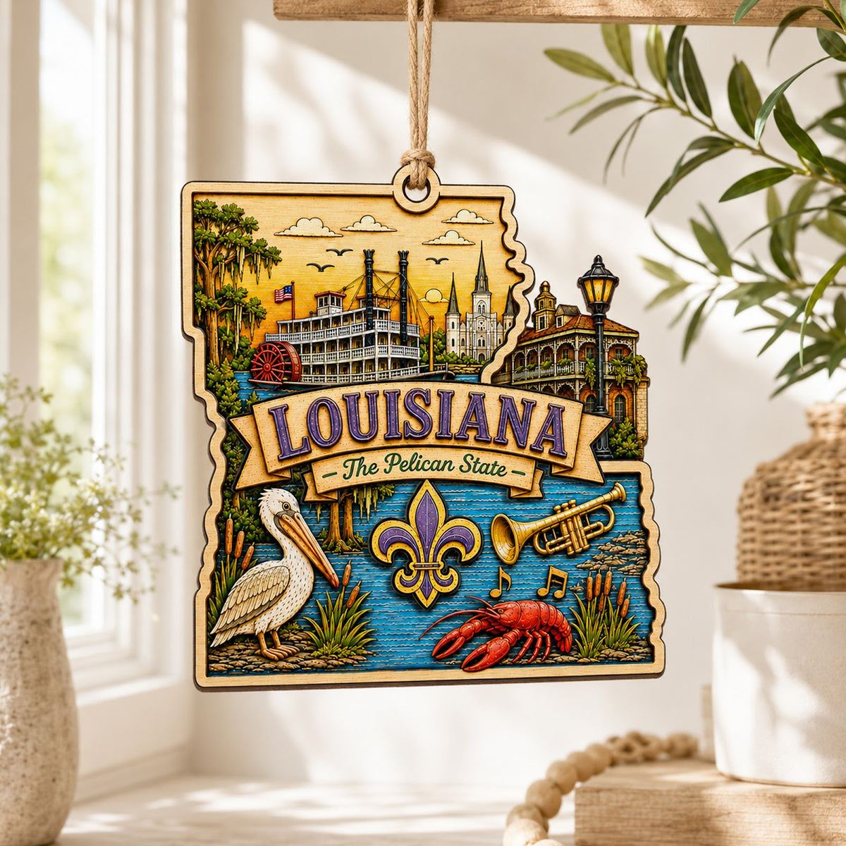 Louisiana Christmas Ornament, Jazz Bayou and Cajun Souvenir Gift, Wood Hanging Tree Decoration