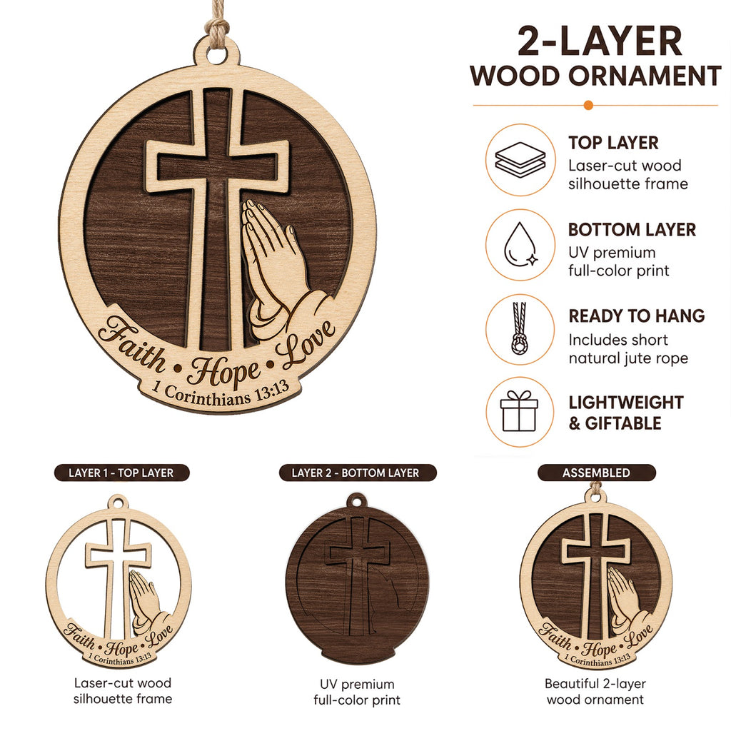 Faith Hope Love Christmas Ornament, Christian Holiday Gift, Wood Hanging Tree Decoration