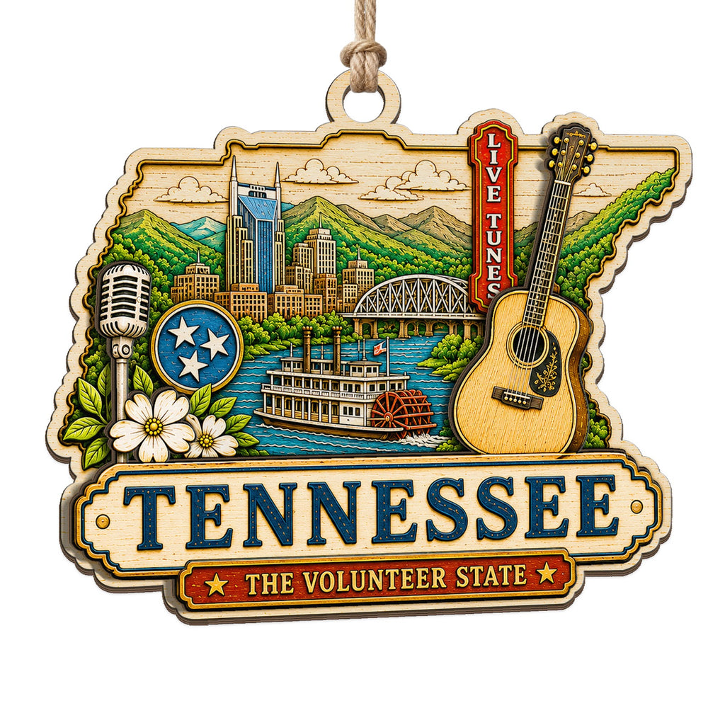A Guitar and Music Notes Beside Smoky Mountain Peaks and the State Iris. Wood Keepsake for Country Fans.
