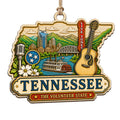 A Guitar and Music Notes Beside Smoky Mountain Peaks and the State Iris. Wood Keepsake for Country Fans.