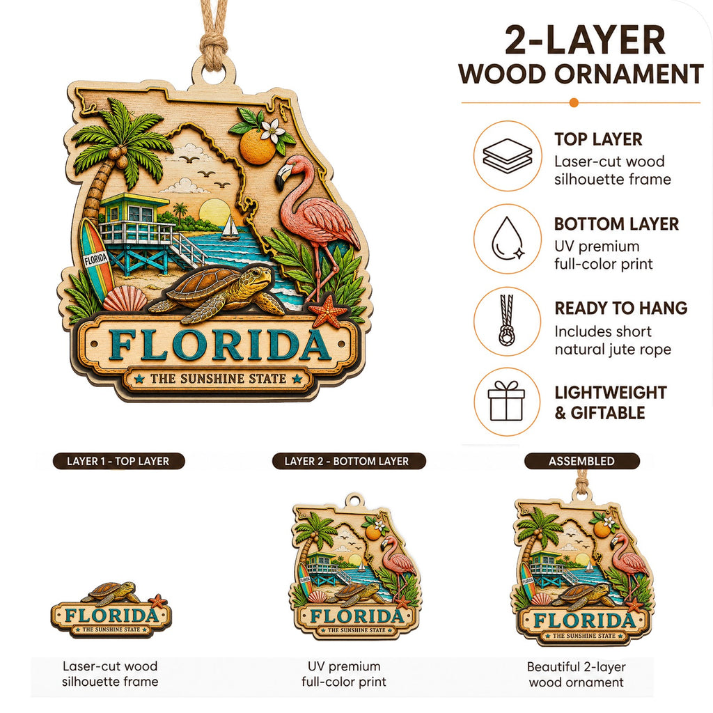 Florida Christmas Ornament, Sunshine State Beach and Palm Souvenir Gift, Wood Tree Decoration