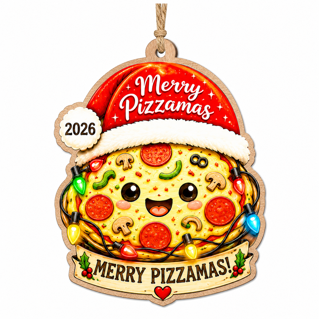 Kawaii Pepperoni Pizza Wears A Santa Hat With Christmas Lights. Merry Pizzamas Gift For Pizza Lovers.