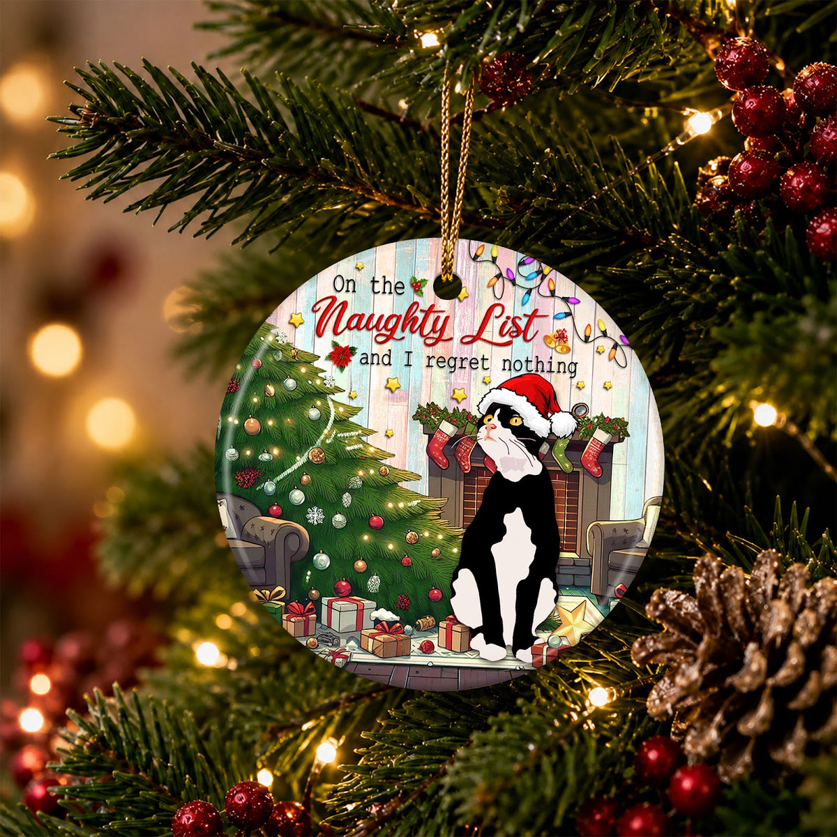 Cat Christmas Ornament, Naughty List Tuxedo Cat Gift, Ceramic Hanging Tree Decoration