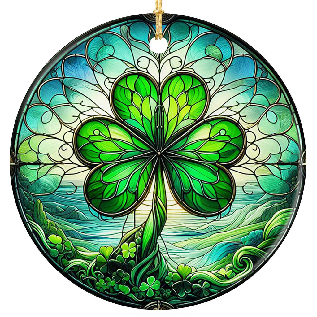 Four Leaf Clover in Shades of Green Radiating Lace Swirls on Glowing Blue Glass. Ceramic Keepsake.