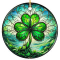 Four Leaf Clover in Shades of Green Radiating Lace Swirls on Glowing Blue Glass. Ceramic Keepsake.