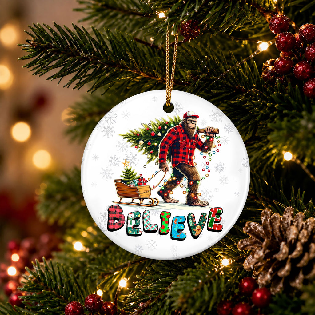 Bigfoot Christmas Ornament, Believe Plaid Flannel Gift, Ceramic Hanging Tree Decoration