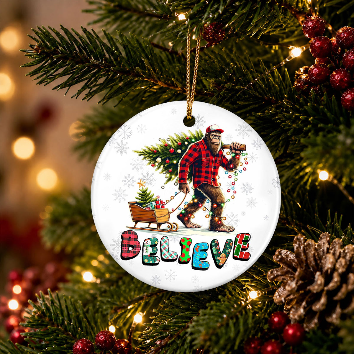 Bigfoot Christmas Ornament, Believe Plaid Flannel Gift, Ceramic Hanging Tree Decoration